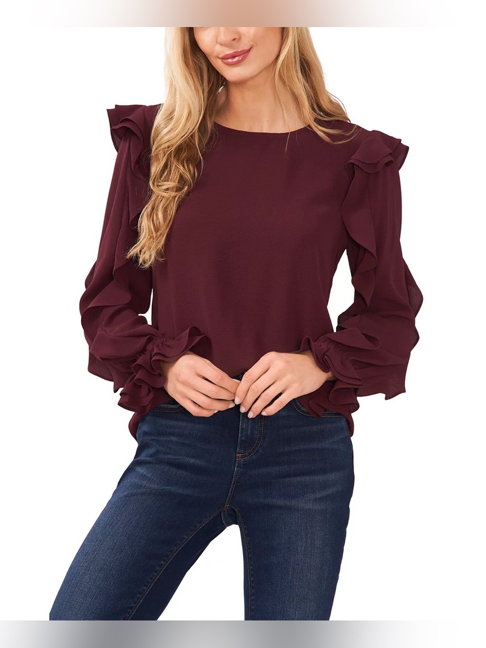 CeCe Ruffled Sleeve Long Sleeve Crew Neck Blouse in a rich burgundy/maroon hue